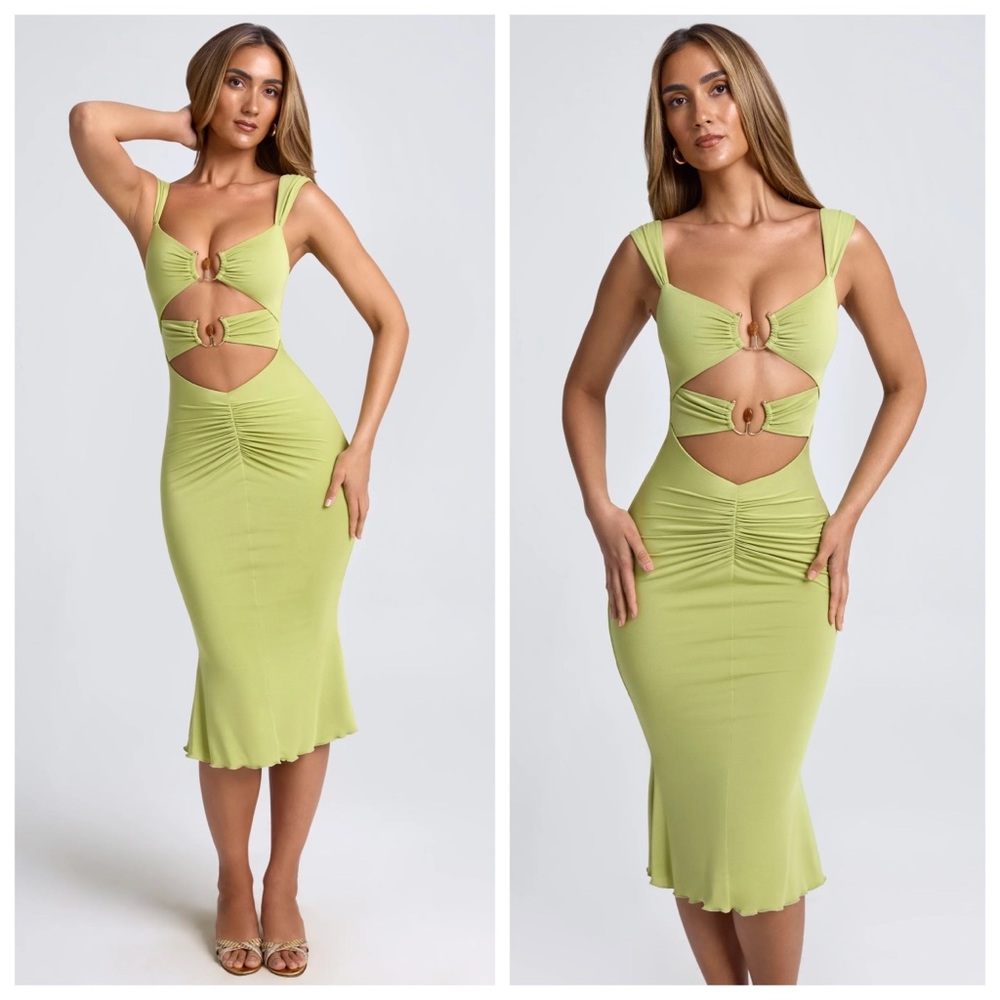 Oh Polly Aelia Ruched Hardware Detail Cut-Out Midaxi Dress in Olive Green